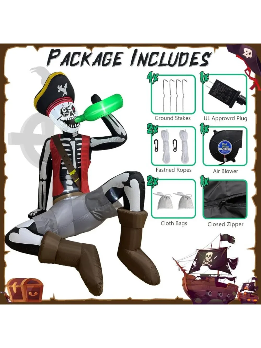 6.5FT Inflatable Pirate Skeleton Halloween Decor with Lights for Outdoor Fun
